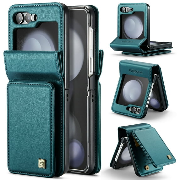 for Samsung Galaxy Z Flip 6 Case with Card Holder, for Samsung Z Flip 6 Wallet Case with RFID Blocking, Magnetic Closure Back Card Holder Kickstand Premium PU Leather Durable Shockproof Case,Green