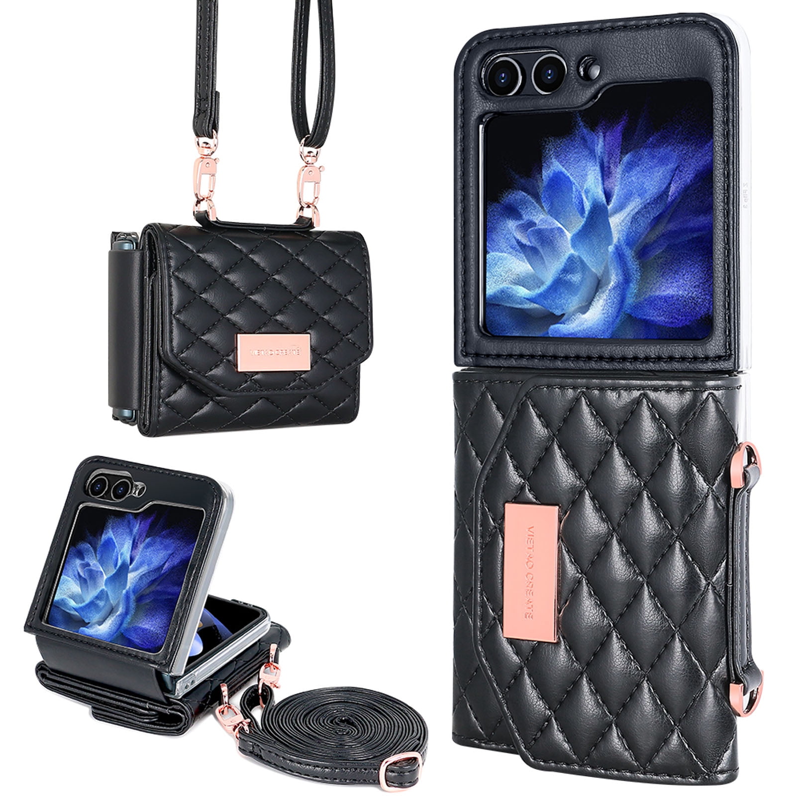for Samsung Galaxy Z Flip 6 Case with Card Slots, [Crossbody Strap] [RFID Blocking] Women Girls PU Leather Wallet Case Lanyard Crossbody Bag Phone Case for Samsung Galaxy Z Flip 6,Black