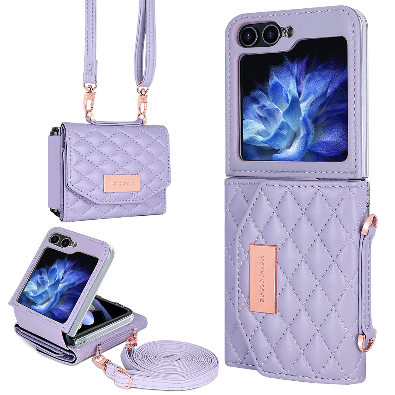 for Samsung Galaxy Z Flip 6 Case with Card Slots, [Crossbody Strap] [RFID Blocking] Women Girls PU Leather Wallet Case Lanyard Crossbody Bag Phone Case for Samsung Galaxy Z Flip 6,Purple