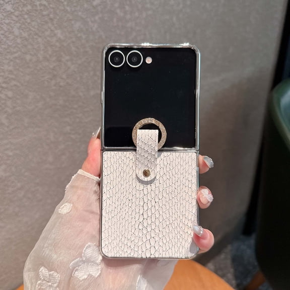 for Samsung Galaxy Z Flip 6 Case with Diamond Finger Ring Buckle, Snake Texture PU Leather Phone Case, Shockproof Anti-Scratch Plating Protective Cover for Samsung Galaxy Z Flip 6, White