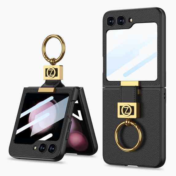 for Samsung Galaxy Z Flip 6 Case with Finger Ring, Soft PU Leather + Hard PC Shell Durable Anti-Scratch Shockproof Protective Kickstand Slim Phone Case Cover with Screen Protector, Black
