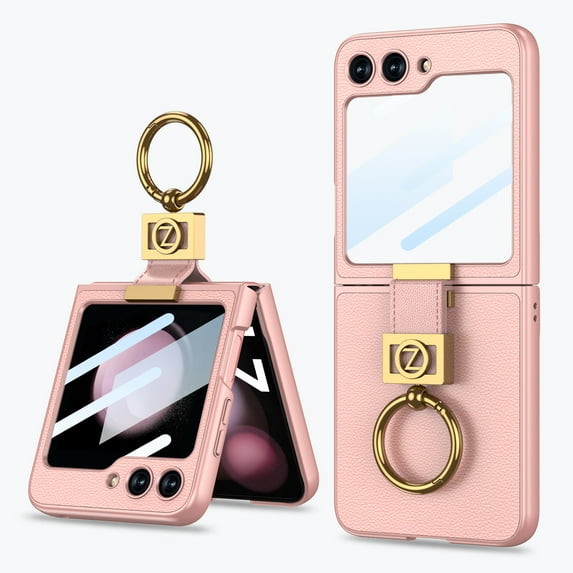 for Samsung Galaxy Z Flip 6 Case with Finger Ring, Soft PU Leather + Hard PC Shell Durable Anti-Scratch Shockproof Protective Kickstand Slim Phone Case Cover with Screen Protector, Pink