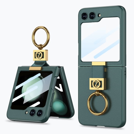 for Samsung Galaxy Z Flip 6 Case with Finger Ring, Soft PU Leather + Hard PC Shell Durable Anti-Scratch Shockproof Protective Kickstand Slim Phone Case Cover with Screen Protector, Darkgreen