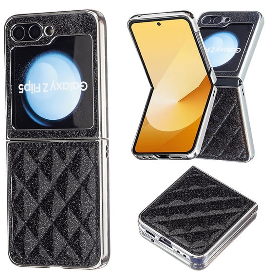 for Samsung Galaxy Z Flip 6 Case Glitter with Plating Bumper Frame, Bling PU Leather + Hard PC Anti-Scratch Shockproof Lightweight Slim Case for Samsung Galaxy Z Flip 6 Phone Case, Black