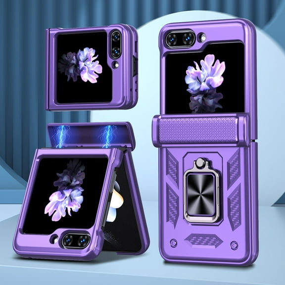 for Samsung Galaxy Z Flip 6 Case [Heavy Duty Protective][Camera Lens Cover][Hinge Protection][360°Ring Magnetic Kickstand] Rugged Shockproof 360 Full Protective Phone Cover,Purple