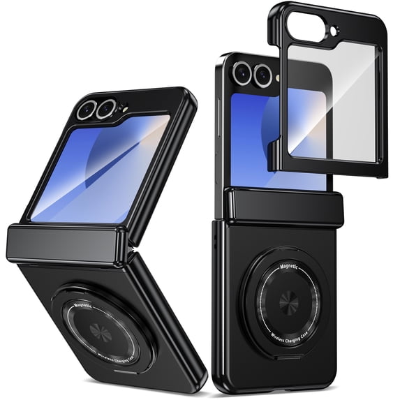 for Samsung Galaxy Z Flip 6 Case , Hinge Protection Case with Front Screen Protector 360°Ring Magnetic Kickstand Protective Shockproof Case for Samsung Galaxy Z Flip 6,Black