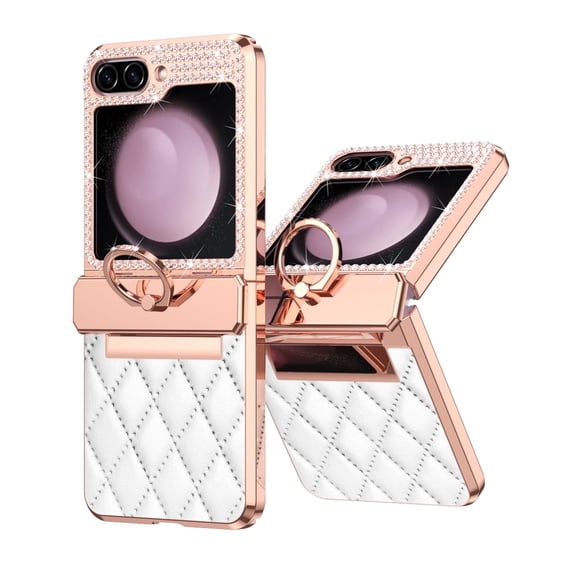 For Samsung Galaxy Z Flip 6 Case Hinge Protection with Finger Ring Holder, Premium PU Leather Hybrid PC All-Inclusive Diamond Bling Phone Case for Samsung Galaxy Z Flip 6 5G, Red