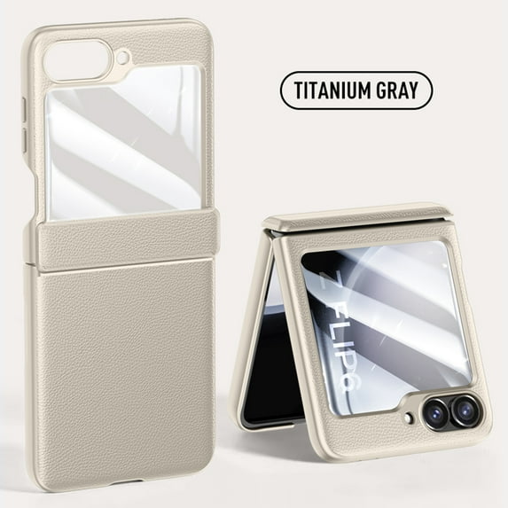 for Samsung Galaxy Z Flip 6 Case with Hinge Protection, PU Leather Slim Cover with Tempered Glass Screen Protector, Lightweight Anti-Scratch Drop Protective Phone Case, Lightgray