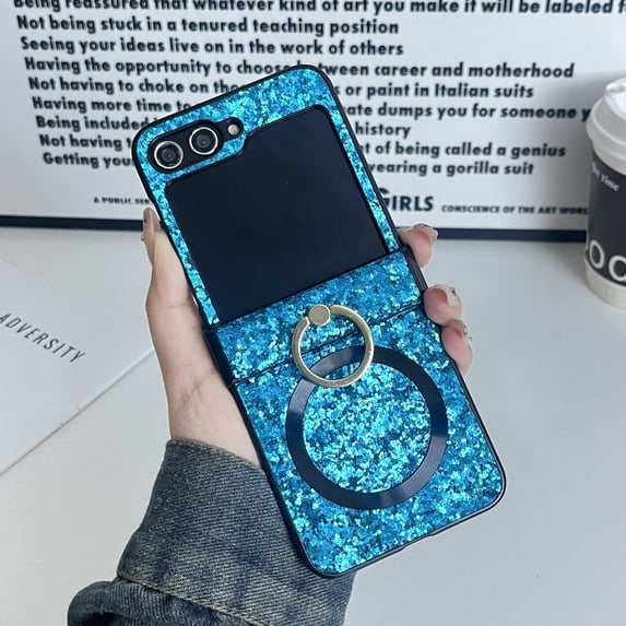 for Samsung Galaxy Z Flip 6 Case with Hinge Protection, Ring Kickstand, Support Wireless Charging,Shockproof Protective Glitter Bling Phone Case Cover for Samsung Galaxy Z Flip 6,Blue