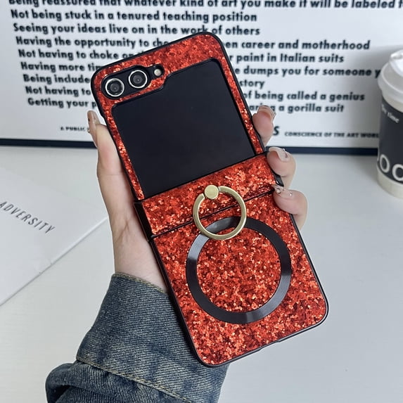 for Samsung Galaxy Z Flip 6 Case with Hinge Protection, Ring Kickstand, Support Wireless Charging,Shockproof Protective Glitter Bling Phone Case Cover for Samsung Galaxy Z Flip 6,Red