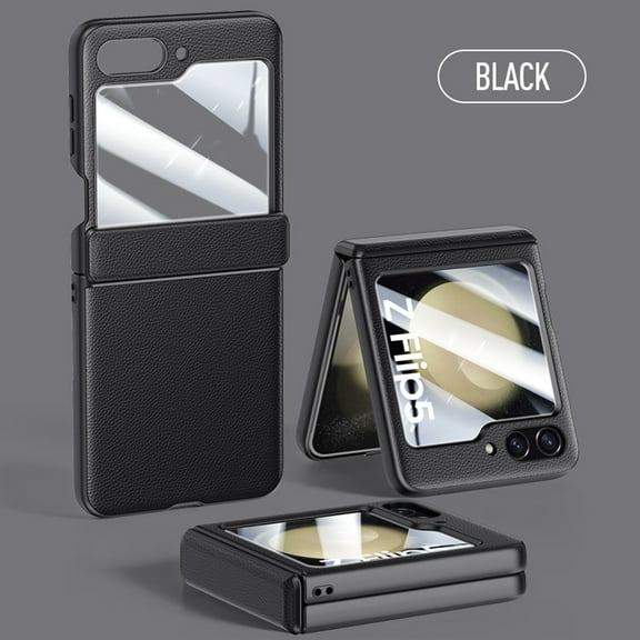 for Samsung Galaxy Z Flip 6 Case with Hinge Protection, Rugged Shockproof Protection PU Leather Phone Cover with Built-in Tempered Glass Screen Protector Anti Scratch for Z Flip 6 5G, Black
