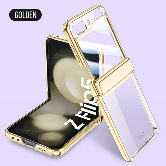 for Samsung Galaxy Z Flip 6 Case with Hinge Protection, Ultra Thin Transparent Plating PC Crystal Cover Front Glass Magnetic All-Inclusive Case for Samsung Galaxy Z Flip 6, Gold