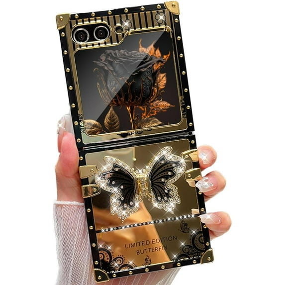 for Samsung Galaxy Z Flip 6 Case with Kickstand, Glitter Foldable Bling Butterfly Stand Mirror Back Gold Plated Shockproof Protective Elegant Cute Woman Girly Soft Cover for Z flip 6 (Black)