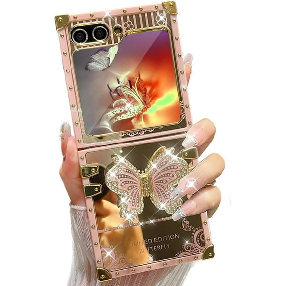 for Samsung Galaxy Z Flip 6 Case with Kickstand, Glitter Foldable Bling Butterfly Stand Mirror Back Gold Plated Shockproof Protective Elegant Cute Woman Girly Soft Cover for Z flip 6 (Pink)
