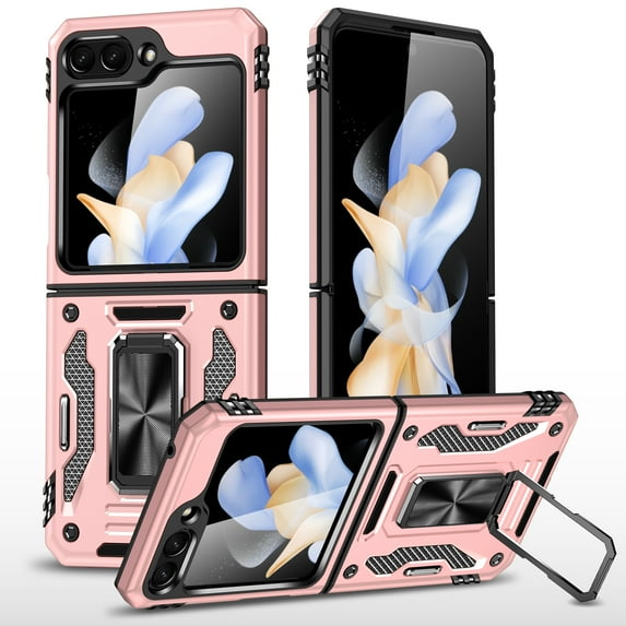 Samsung Galaxy Z Flip 6 Case with Lens Protection, Samsung Z Flip 6 Ring Holder Cover with Camera Cover & Kickstand Military Grade Shockproof Heavy Duty Support Magnetic Car Mount Holder, Rosegold