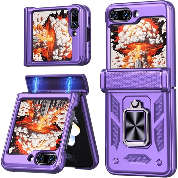 for Samsung Galaxy Z Flip 6 Case with Ring Magnetic Kickstand & Built-in Hinge Protection, Heavy Duty Shockproof Protective Phone Case for Samsung Galaxy Z Flip6. RJ-Purple