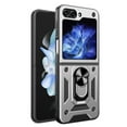 thumbnail image 1 of For Samsung Galaxy Z Flip 6 Case with Sliding Camera Lens Cover and Ring Kickstand Heavy Duty Military Grade Rugged Protection Shockproof Back Phone Cover for Samsung Galaxy Z Flip 6, Silver, 1 of 10