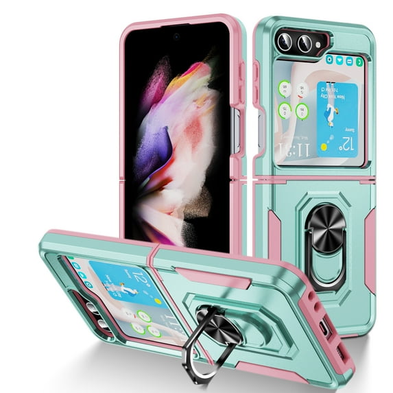 for Samsung Galaxy Z Flip 6 Case, Slim Fit Military Grade Drop Tested Dual Layer Shockproof Case with 360 Ring Holder Kickstand Protective Rugged Car Magnetic Non-Slip Phone Case,Green+Pink
