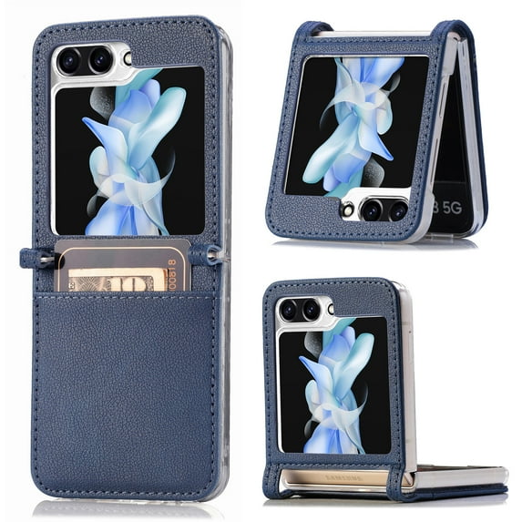 for Samsung Galaxy Z Flip 6 Case, Slim Flit Premium Lychee Leather + Hard PC Galaxy Z Flip 6 Wallet Case with Card Slots Protective Phone Case for Samsung Galaxy Z Flip 6 5G Case, Blue