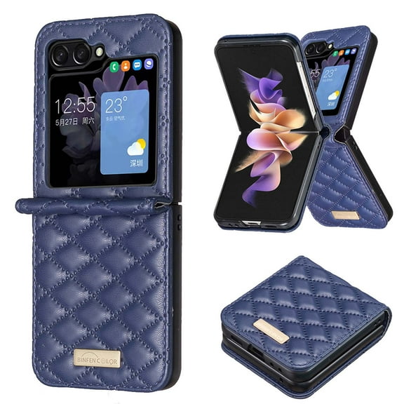 for Samsung Galaxy Z Flip 6 Case, Soft Rhomboid PU Leather + Hard PC Shell Durable Anti-Scratch Shockproof Protective Slim Phone Case Cover for Samsung Galaxy Z Flip 6,Blue