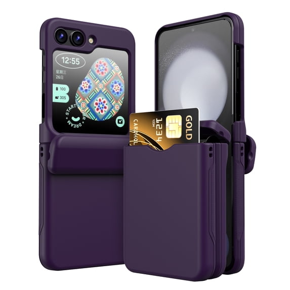 for Samsung Galaxy Z Flip 6 Case with Spring Hinge Protection, Shockproof with Credit Card Holder ID Card Protective Cover Z Flip 6 Phone Case for Samsung Galaxy Z Flip 6 5G, Darkpurple
