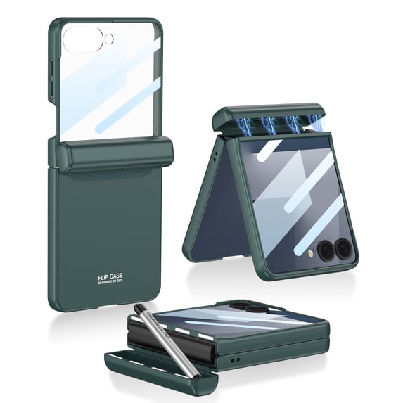 for Samsung Galaxy Z Flip 6 Case with Stylus Holder & Stylus, for Galaxy Z Flip 6 Case with Magnetic Hinge Protection & Tempered Glass Screen Protector, Drop Protective Anti-Scratch, Darkgreen