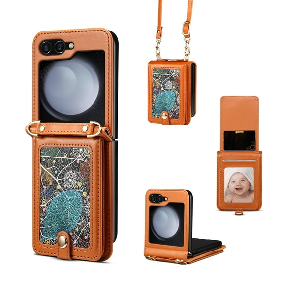 for Samsung Galaxy Z Flip 6 Case Wallet with Pattern PU Leather Purse Cover for Women Girls, Galaxy Z Flip 6 Case with Shoulder Strap, Crossbody Lanyard Card Slots Stand Phone Case Cover, Brown