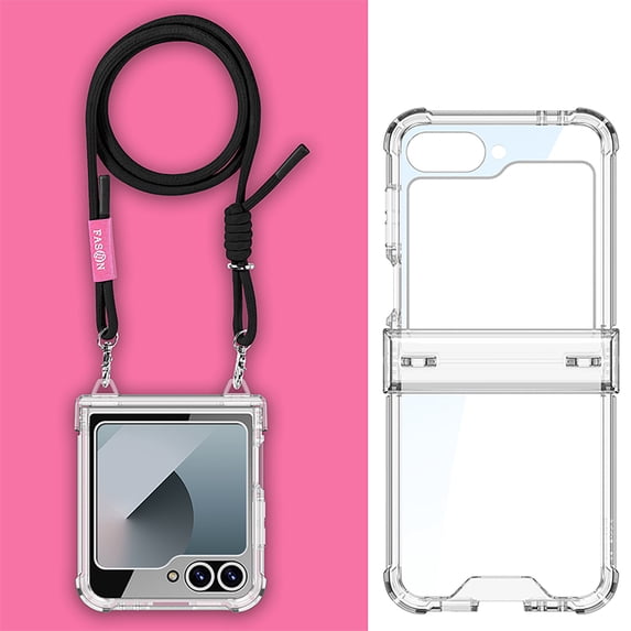 for Samsung Galaxy Z Flip 6 Clear Case with Hinge Protection and Long Rope Shoulder Strap, Military Grade Drop Protection Durable Sturdy Slim Protective Phone Case for Samsung Galaxy Z Flip 6, Black