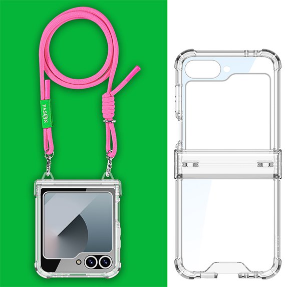for Samsung Galaxy Z Flip 6 Clear Case with Hinge Protection and Long Rope Shoulder Strap, Military Grade Drop Protection Durable Sturdy Slim Protective Phone Case for Samsung Galaxy Z Flip 6, Pink