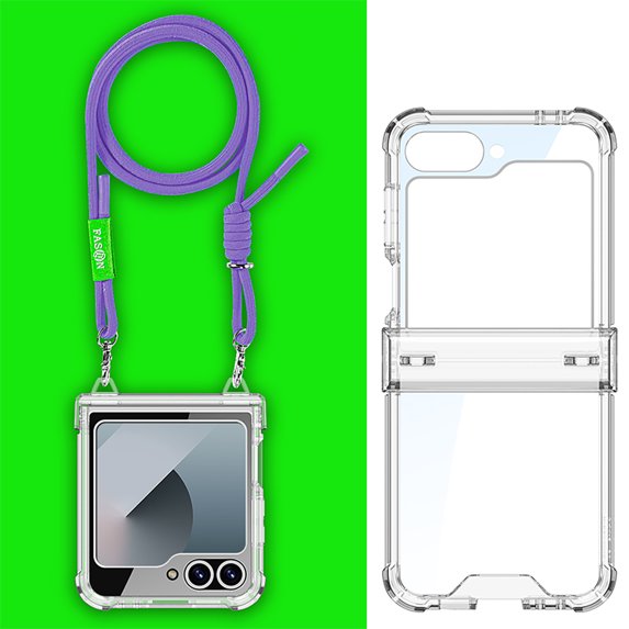 for Samsung Galaxy Z Flip 6 Clear Case with Hinge Protection and Long Rope Shoulder Strap, Military Grade Drop Protection Durable Sturdy Slim Protective Phone Case for Samsung Galaxy Z Flip 6, Purple