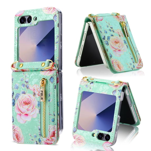 for Samsung Galaxy Z Flip 6 Credit Card Holder Wallet Case with Flip Kickstand, Rose Pattern Purse Floral Cover Shockproof Anti-Drop Protective Case for Samsung Galaxy Z Flip 6 Women Girls, Green