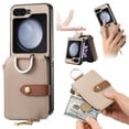 thumbnail image 1 of for Samsung Galaxy Z Flip 6 Finger Ring Design Wallet Case with Card Holder, Zipper Wallet Slim Fit Retro PU Leather Protective Flip Phone Cover for Samsung Galaxy Z Flip 6 5G - Khaki, 1 of 9