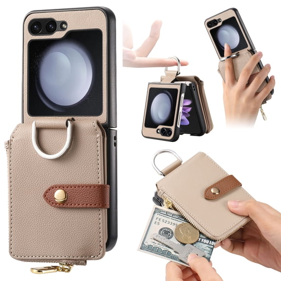 for Samsung Galaxy Z Flip 6 Finger Ring Design Wallet Case with Card Holder, Zipper Wallet Slim Fit Retro PU Leather Protective Flip Phone Cover for Samsung Galaxy Z Flip 6 5G - Khaki