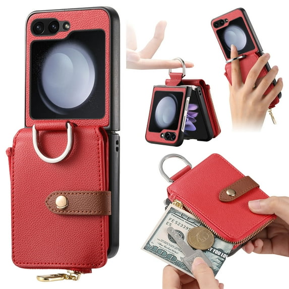 for Samsung Galaxy Z Flip 6 Finger Ring Design Wallet Case with Card Holder, Zipper Wallet Slim Fit Retro PU Leather Protective Flip Phone Cover for Samsung Galaxy Z Flip 6 5G - Red