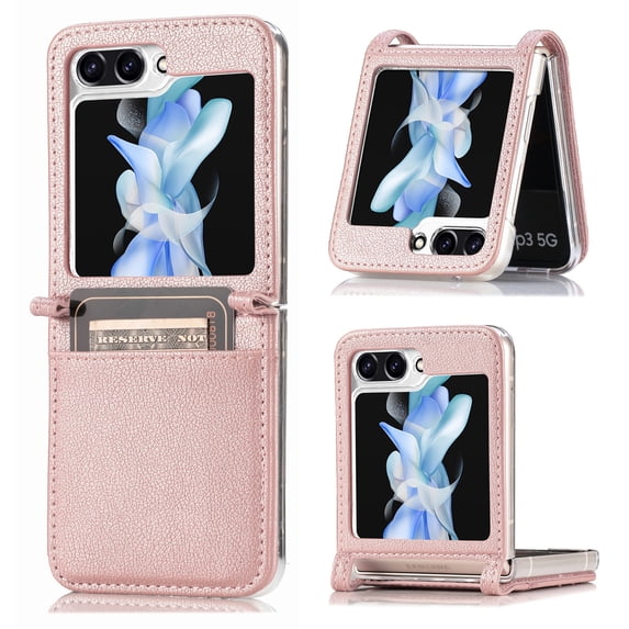 For Samsung Galaxy Z Flip 6 / Flip 7FE Case, Slim Fit Premium Lychee PU Leather Wallet Case with RFID Blocking Card Slots Protective Business Style Shockproof Phone Case,Pink