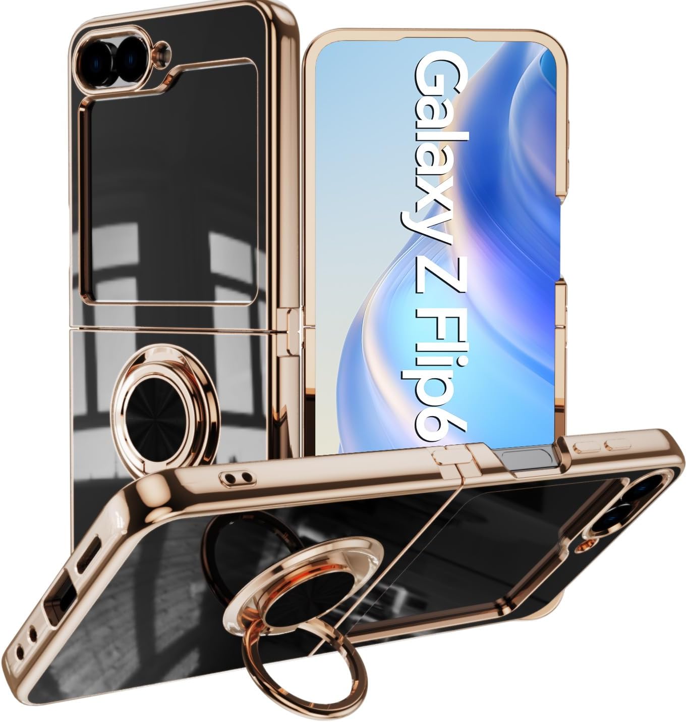 Samsung Galaxy Z Flip 6 Foldable with Ring Holder Case, Black & Rose ...