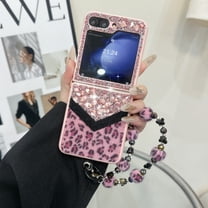 for Samsung Galaxy Z Flip 6 Glitter Bling Case, Cute Luxury 3D Crystal Rhinestone Diamond with Sparkly Bracket for Women Girls Case with Leopard Pattern Furry for Samsung Galaxy Z Flip 6, Pink