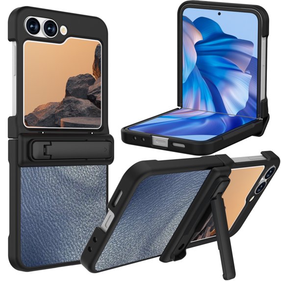 for Samsung Galaxy Z Flip 6 with Hinge Protection, Stylish Litchi Pattern PU Leather + PC Kickstand Case Cover with Screen Protector for Samsung Galaxy Z Flip 6, Grayblue