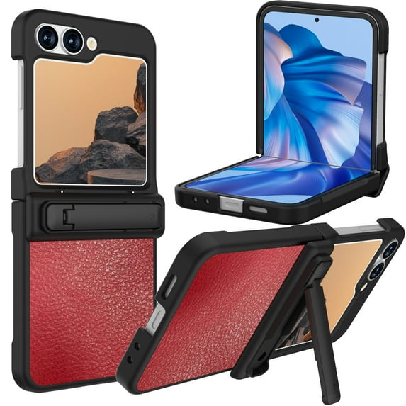 for Samsung Galaxy Z Flip 6 with Hinge Protection, Stylish Litchi Pattern PU Leather + PC Kickstand Case Cover with Screen Protector for Samsung Galaxy Z Flip 6, Red