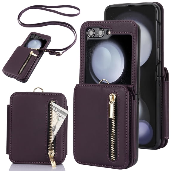 for Samsung Galaxy Z Flip 6 Luxury Zipper Wallet Phone Case, Multi-function Kickstand Card Holder Adjustable Crossbody Strap, Fashion Flip Case for Women and Girls RFID Blocking - Darkpurple