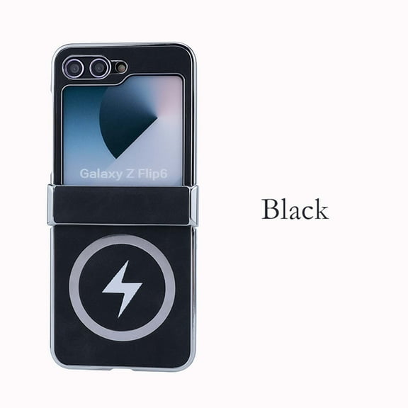 For Samsung Galaxy Z Flip 6 Magnetic Phone Case,Compatible with Mag-Safe,Anti-Scratch PU Leather Back,Lightning Pattern Design,PC Bumper Shockproof Ultra Slim Durable Phone Case,Black