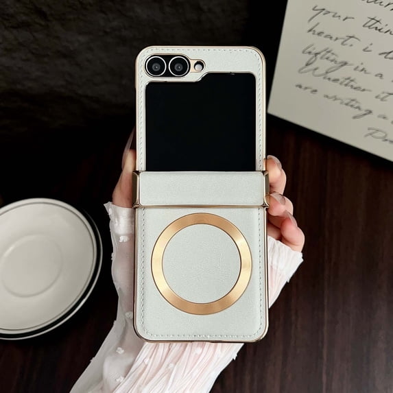 For Samsung Galaxy Z Flip 6 Phone Case,Compatible with Mag-Safe,With Hinge Protection,Electroplated Frame Design,PU Leather Shockproof Non-Slip Anti-Scratch Rugged Phone Case,White
