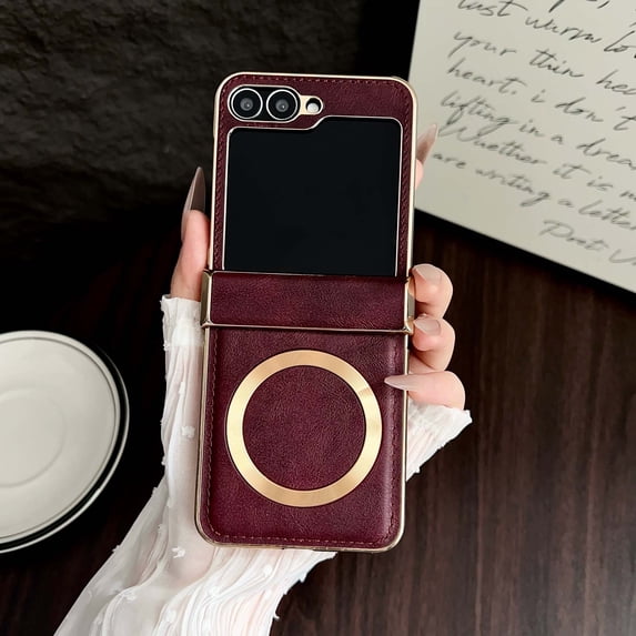 For Samsung Galaxy Z Flip 6 Phone Case,Compatible with Mag-Safe,With Hinge Protection,Electroplated Frame Design,PU Leather Shockproof Non-Slip Anti-Scratch Rugged Phone Case,Winered