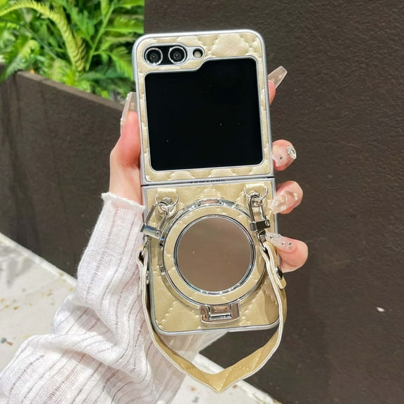 For Samsung Galaxy Z Flip 6 Phone Case,With Make-up Mirror,Wrist Strap,Contractile Ring Kickstand,Compatible with Mag-safe,PU Leather Anti-Scratch Shockproof Rugged Phone Case,Gold
