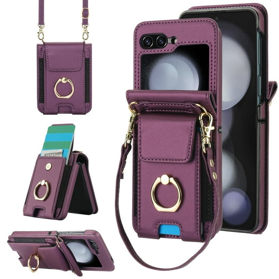 for Samsung Galaxy Z Flip 6 Wallet Case Crossbody, PU Leather Zipper Handbag Purse Flip Cover, Back Card Slots, Adjustable Shoulder Strap, Finger Ring Stand for Samsung Galaxy Z Flip 6, Darkpurple
