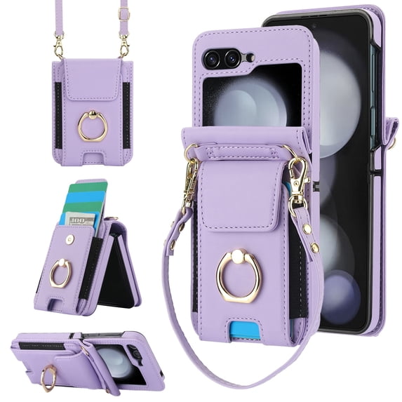 for Samsung Galaxy Z Flip 6 Wallet Case Crossbody, PU Leather Zipper Handbag Purse Flip Cover, Back Card Slots, Adjustable Shoulder Strap, Finger Ring Stand for Samsung Galaxy Z Flip 6, Purple