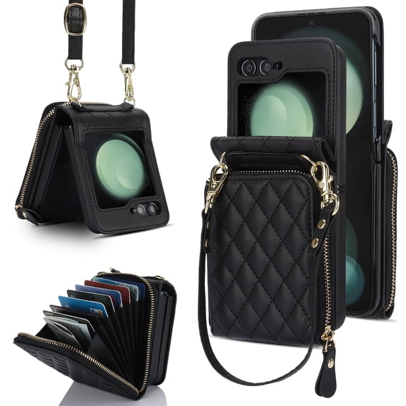 for Samsung Galaxy Z Flip 6 Wallet Case, Crossbody Zipper Purse with Credit Card Slot Holder RFID Blocking PU Leather Adjustable Lanyard Detachable Strap Wrist for Women,Black