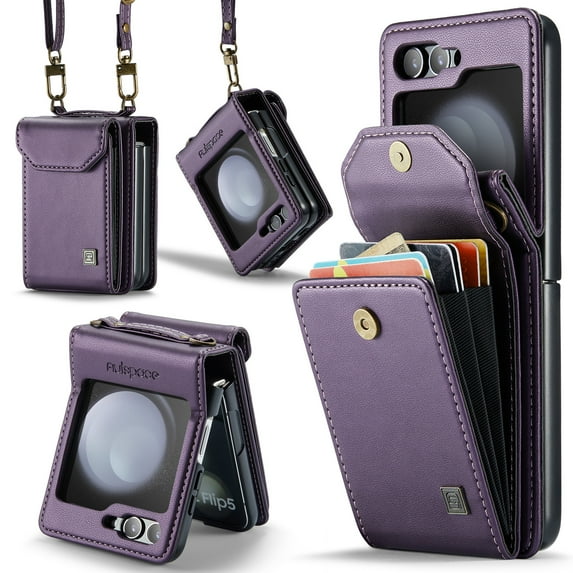 for Samsung Galaxy Z Flip 6 Wallet Case, PU Leather Magnetic Snap Crossbody Strap & Wristband Card Slots RFID Blocking Drop Protective Phone Case Cover for Samsung Galaxy Z Flip 6 - Purple