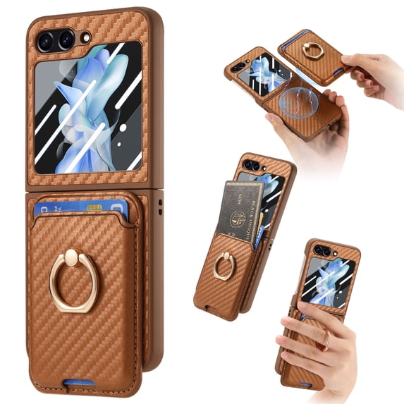 for Samsung Galaxy Z Flip 6 Wallet Case with Ring Holder and Detachable Credit Card Slots, Carbon Fiber Texture Magnetic Kickstand Shockproof Protective Cover for Samsung Galaxy Z Flip 6, Brown