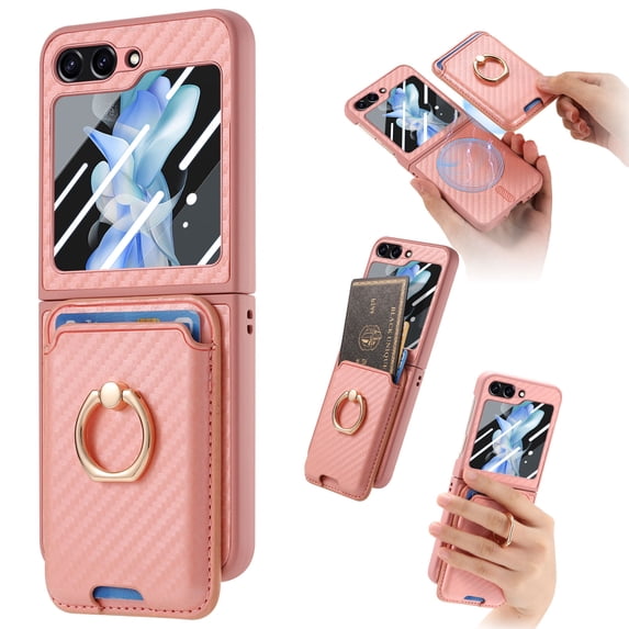 for Samsung Galaxy Z Flip 6 Wallet Case with Ring Holder and Detachable Credit Card Slots, Carbon Fiber Texture Magnetic Kickstand Shockproof Protective Cover for Samsung Galaxy Z Flip 6, Pink